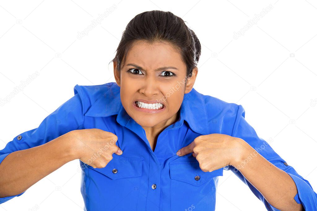 Portrait of an angry, unhappy, annoyed young woman, getting mad isolated on white background. 