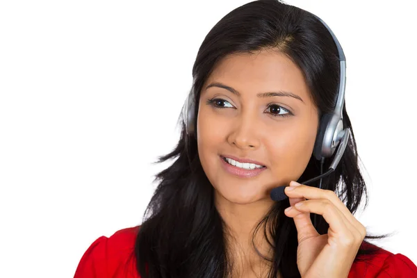 Portret Van Een Lachende Vrouwelijke Klant Vertegenwoordiger Met Telefoon Headset — Stockfoto