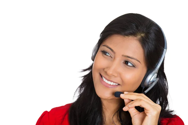 Retrato Una Representante Cliente Sonriente Con Auriculares Telefónicos Charlando Línea —  Fotos de Stock