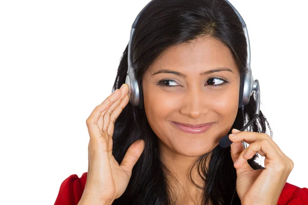 Retrato Una Representante Cliente Sonriente Con Auriculares Telefónicos Charlando Línea —  Fotos de Stock