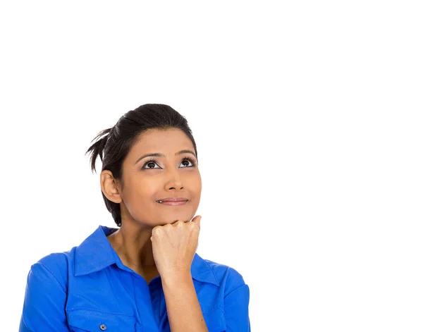 Retrato Una Joven Sonriente Estudiante Pensando Mirando Hacia Arriba Teniendo — Foto de Stock