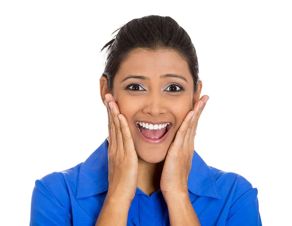 Retrato Mujer Feliz Mirando Sorprendida Total Incredulidad Aislada Sobre Fondo — Foto de Stock