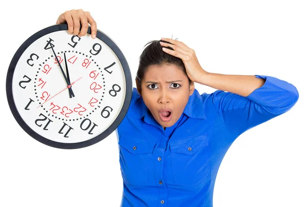 Portrait Une Femme Affaires Tenant Une Horloge Très Stressée Pressée — Photo