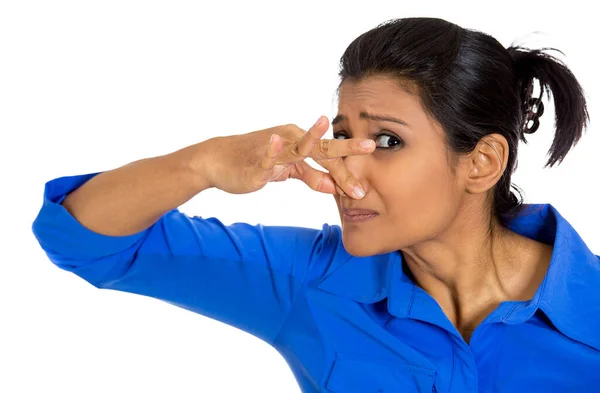 Portrait Young Woman Closing Covering Nose Something Stinks Isolated White — Stock Photo, Image