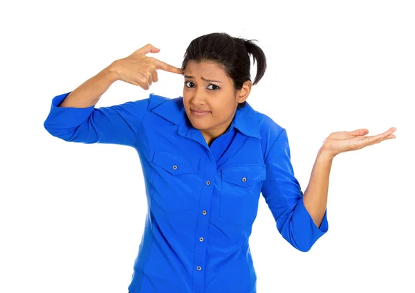 Portrait Angry Young Woman Gesturing Her Finger Temple Asking You — Stock Photo, Image