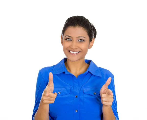 Happy Cute Woman Pointing Fingers Camera — Stock Photo, Image