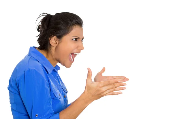 Closeup Angry Woman Screaming Wide Open Mouth Being Hysterical — Stock Photo, Image