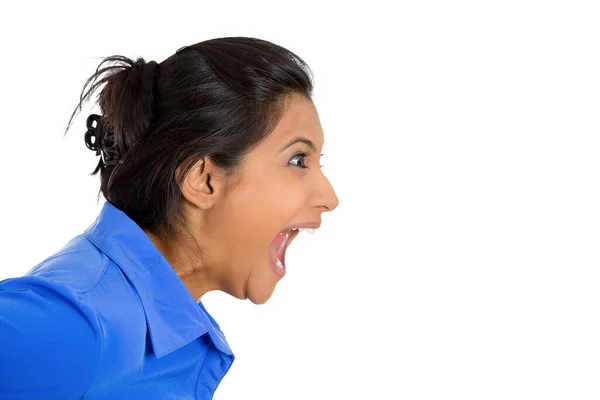 Closeup Angry Woman Screaming Wide Open Mouth Being Hysterical — Stock Photo, Image