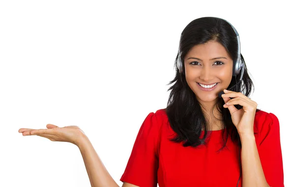 Close Portret Van Een Glimlachende Vrouwelijke Klant Vertegenwoordiger Met Telefoon — Stockfoto