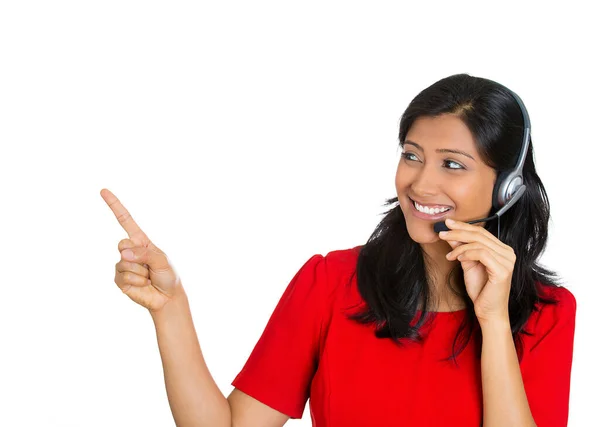 Retrato Primer Plano Una Representante Cliente Sonriente Con Auriculares Telefónicos —  Fotos de Stock