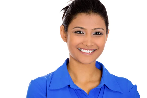 Retrato Cerca Una Mujer Feliz Sonriente Segura Aislada Sobre Fondo — Foto de Stock