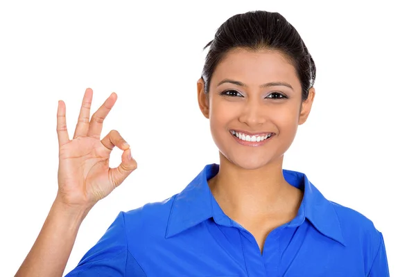 Retrato Cerca Una Mujer Feliz Sonriente Excitada Que Señal Con — Foto de Stock