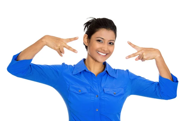 Portrait Young Happy Confident Woman Giving Peace Victory Two Sign — Stock Photo, Image