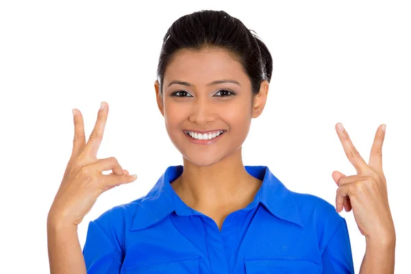 Portrait Young Happy Confident Woman Giving Peace Victory Two Sign — Stock Photo, Image