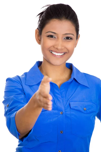 Closeup Portrait Smiling Business Woman Student Giving You Handshake Isolated — Stock Photo, Image