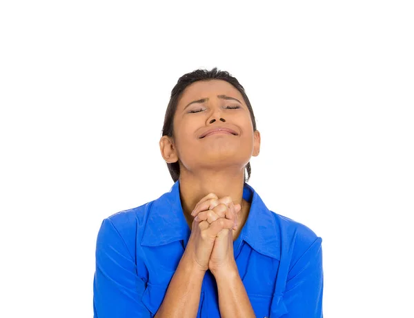Closeup Portrait Woman Praying Eyes Closed Looking Hoping Best Asking — Stock Photo, Image