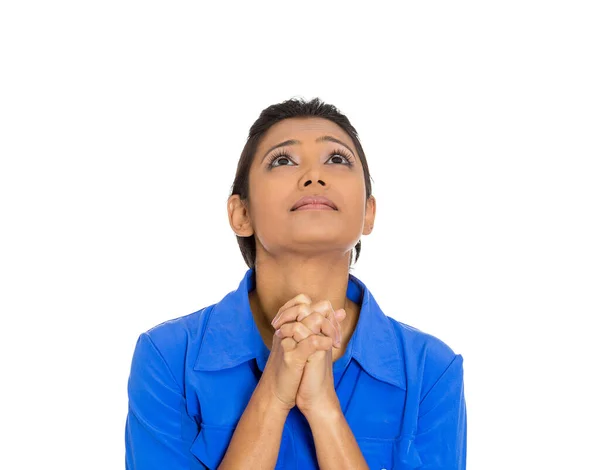 Closeup Portrait Woman Praying Looking Hoping Best Asking Forgiveness — Stock Photo, Image