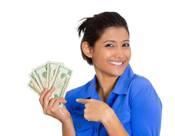 Retrato Uma Mulher Super Feliz Bem Sucedida Segurando Notas Dólar — Fotografia de Stock