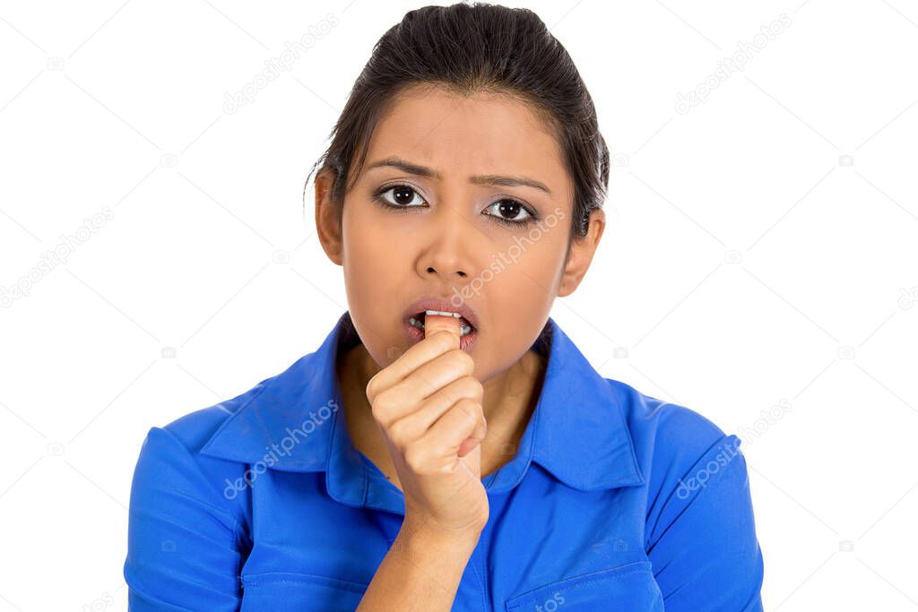 Closeup portrait of a woman sucking thumb, biting fingernail feeling clueless isolated on white background. 