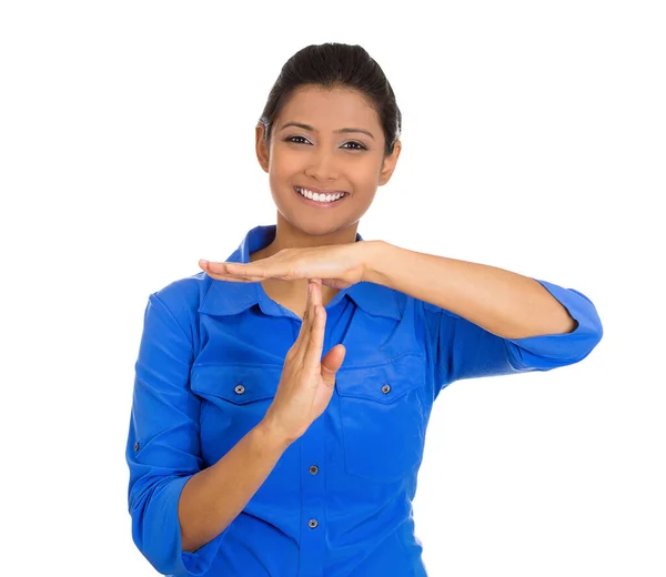 Portrait Young Smiling Woman Showing Time Out Gesture Hands Isolated — Stock Photo, Image