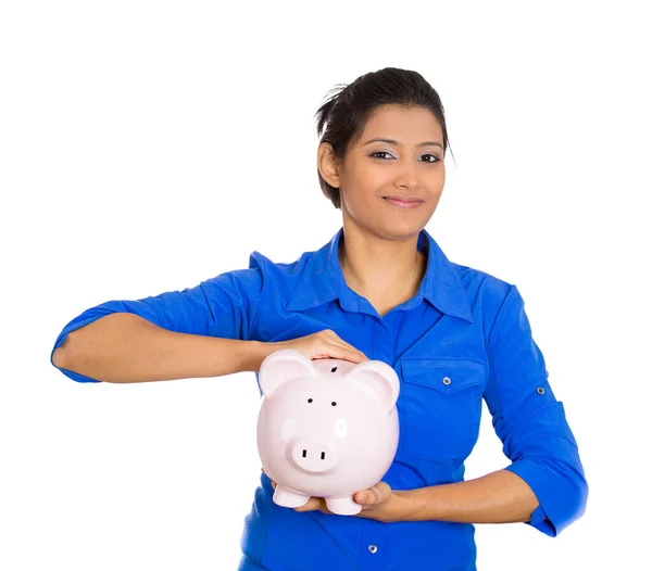 Portrait Young Smiling School Student Worker Woman Holding Piggy Bank — Stock Photo, Image