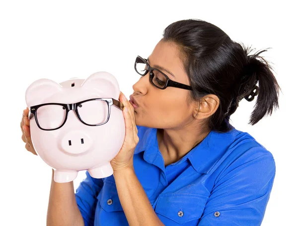 Portrait Young Smiling Woman Wearing Glasses Holding Giving Kiss Piggy — Stock Photo, Image