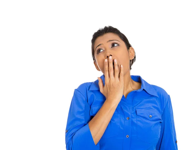 Portrait Sleepy Woman Placing Hand Mouth Yawning Isolated White Background — Stock Photo, Image
