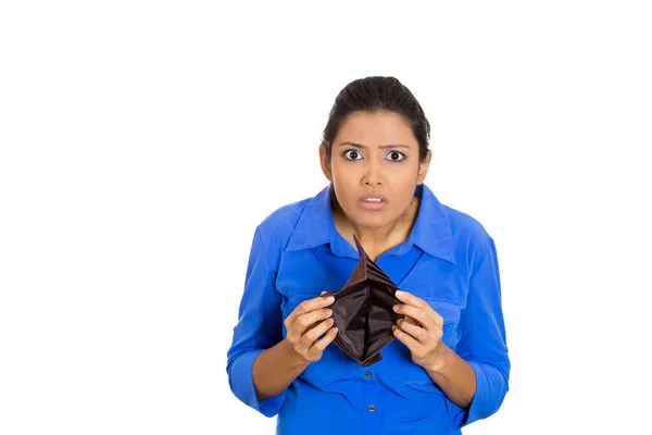 Closeup Portrait Shocked Upset Sad Unhappy Woman Standing Empty Wallet — Stock Photo, Image