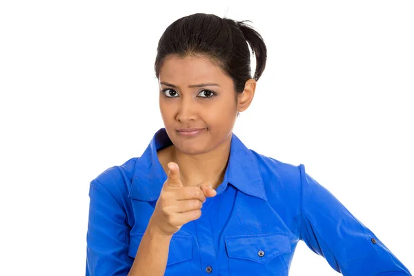 Portrait Young Unhappy Serious Woman Pointing Someone Finger Isolated White — Stock Photo, Image
