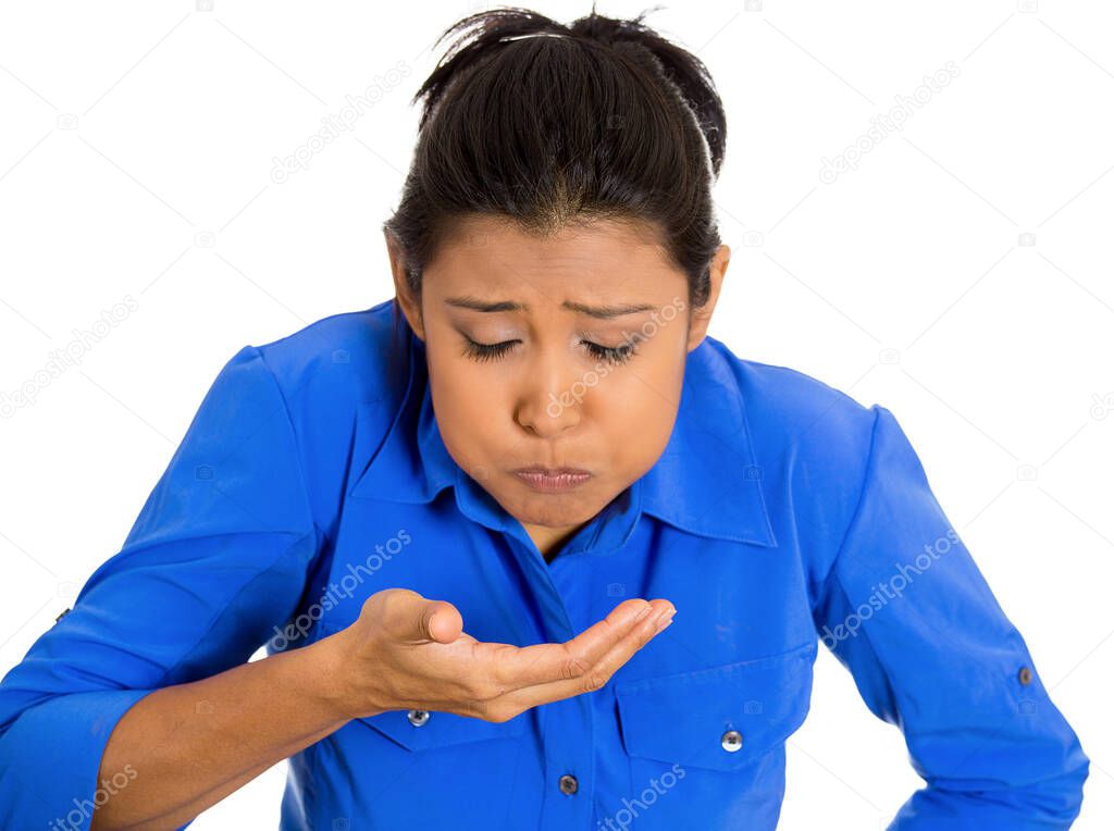 Portrait of a young sick woman about to chuck, throw up isolated on white background. 