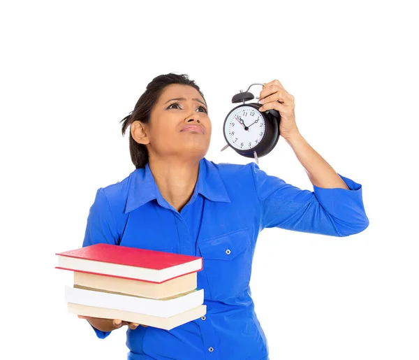 Portrait Busy Nervous Young Woman Carrying Stack Books Alarm Clock — Stock Photo, Image