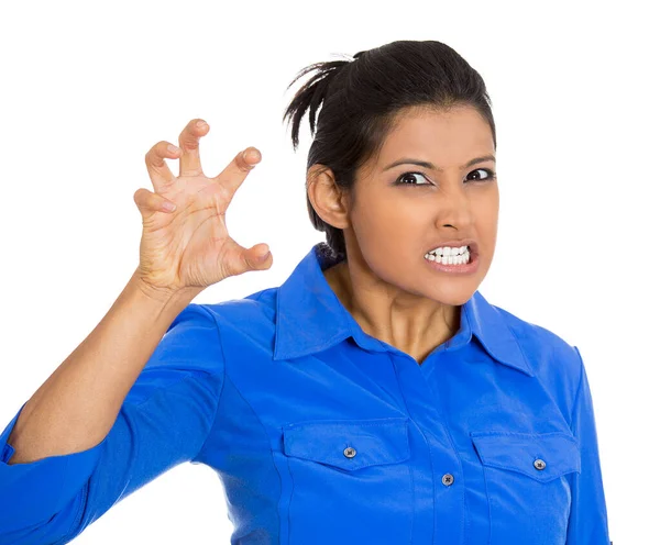 Retrato Uma Jovem Irritada Zangada Ameaçando Alguém Com Unhas Isoladas — Fotografia de Stock