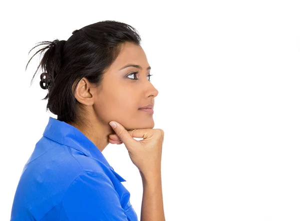 Side Profile Portrait Young Woman Thinking Daydreaming Isolated White Background — Stock Photo, Image
