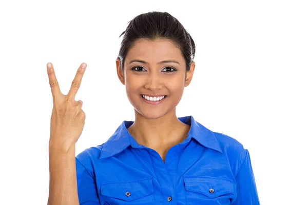 Portrait Young Happy Smiling Woman Giving Peace Victory Two Sign — Stock Photo, Image