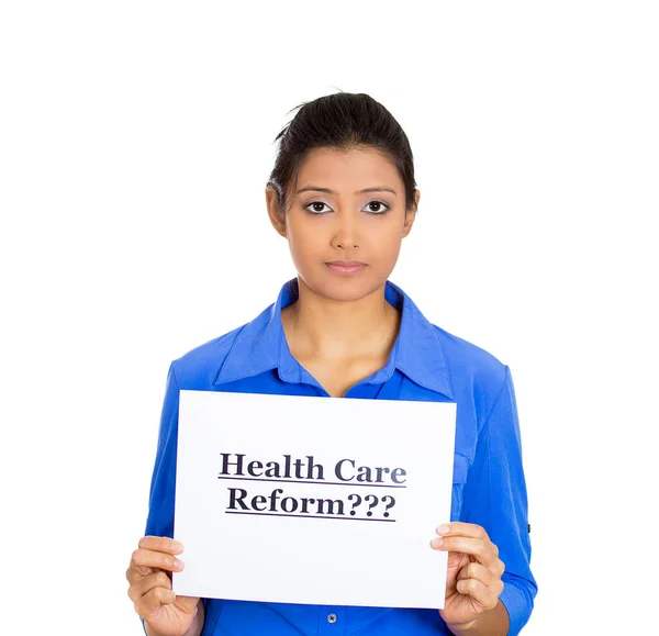 Closeup Portrait Young Confused Skeptical Woman Holding Sign Health Care — Stock Photo, Image