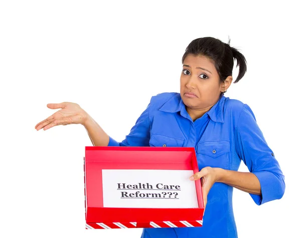 Closeup Portrait Young Confused Skeptical Woman Holding Sign Health Care — Stock Photo, Image