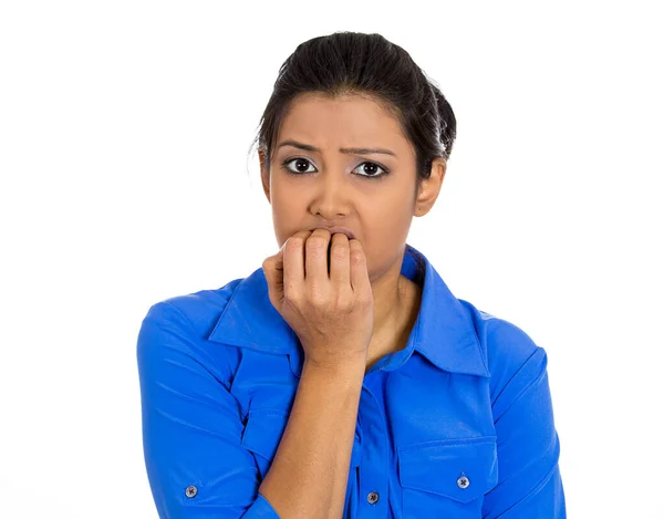 Closeup Portrait Young Woman Biting Her Nails Looking You Craving — Stock Photo, Image
