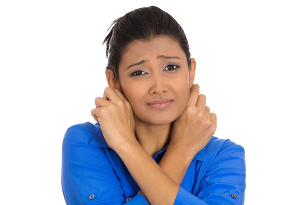 Closeup Portrait Young Woman Pulling Gripping Ears Sorry What She — Stock Photo, Image