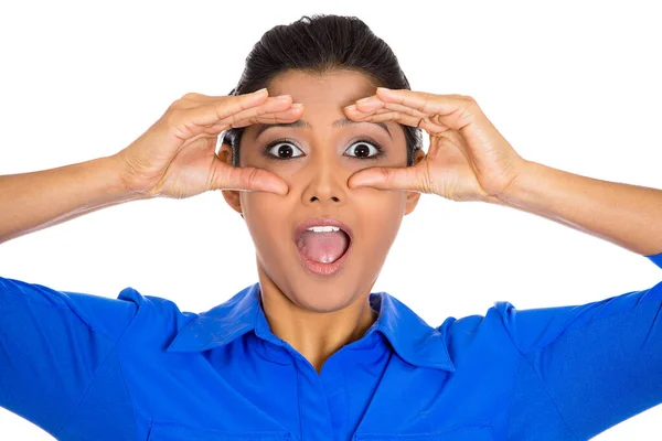 Closeup Portrait Young Pretty Curious Woman Peeking Surprised Shocked Her — Stock Photo, Image