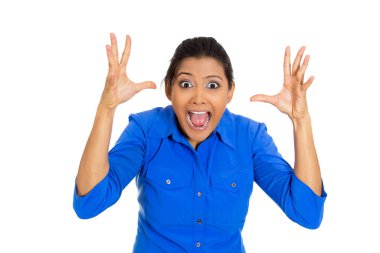 Closeup portrait of a displeased pissed, angry cranky grumpy woman teeth growling, hands isolated on white background. Negative emotion facial expression feeling