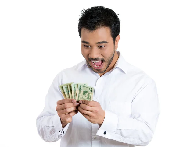 Close Portret Super Blij Succesvolle Jonge Man Met Geld Dollarbiljetten — Stockfoto