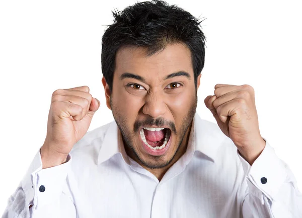 Portret Wściekłego Mężczyzny Rękami Powietrzu Szeroko Otwarte Usta Krzyczące Odizolowane — Zdjęcie stockowe