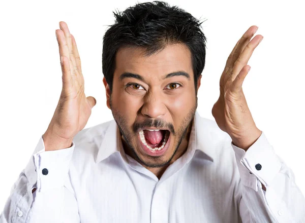 Portrait Angry Man Hands Air Wide Open Mouth Yelling Isolated — Stock Photo, Image