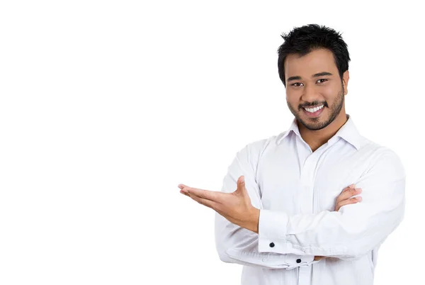 Retrato Primer Plano Joven Feliz Sonriente Con Barba Apuntando Espacio — Foto de Stock