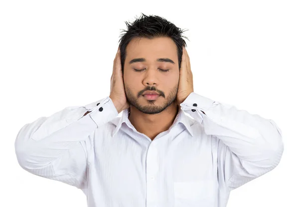 Closeup Portrait Handsome Young Man Covering His Ears Hands Eyes — Stock Photo, Image