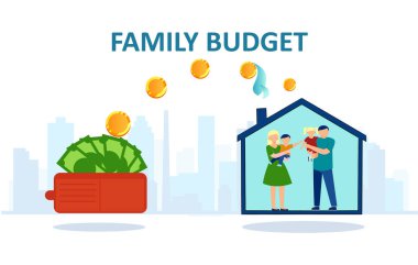 Aile bütçesi konsepti. Evin içinde mutlu bir ailenin vekiliyim ve cüzdanımdan para transfer ediliyor. 
