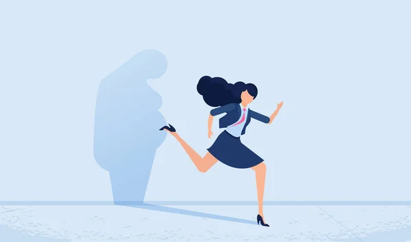 Vektor seorang wanita melarikan diri dari bayangan gemuk suram sedih di dinding. Konsep pengendalian berat badan dan kesehatan mental — Stok Ilustrasi Vektor Seorang Wanita Melarikan Diri Dari Bayangan Gemuk Suram Sedih Grafik Vektor