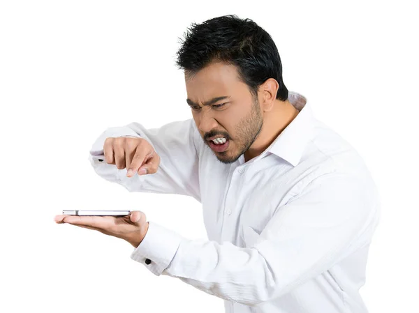 Closeup Portrait Angry Young Man Shouting While Phone Isolated White — Stock Photo, Image