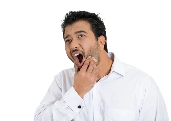 Portrait Jeune Homme Avec Des Douleurs Dentaires Touchant Extérieur Bouche — Photo