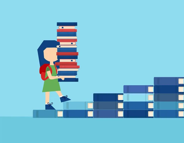 Vector Little Girl Carrying Pile Textbooks While Walking Stairs Made — Stock Vector